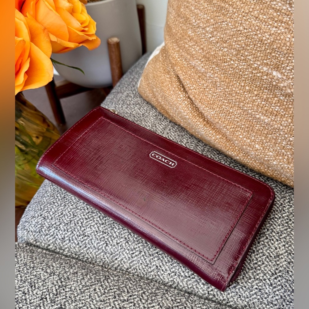Coach Zip Wallet in Burgundy Textured Leather - Picture 9 of 15